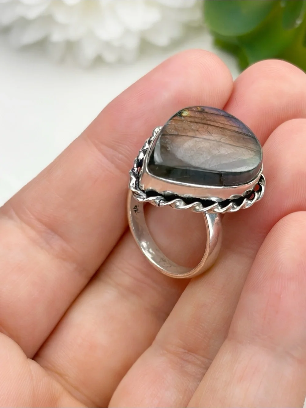 Purple Labradorite Ring Size 6.25 6 1/4 Vintage Bobo Style Sterling Silver 925